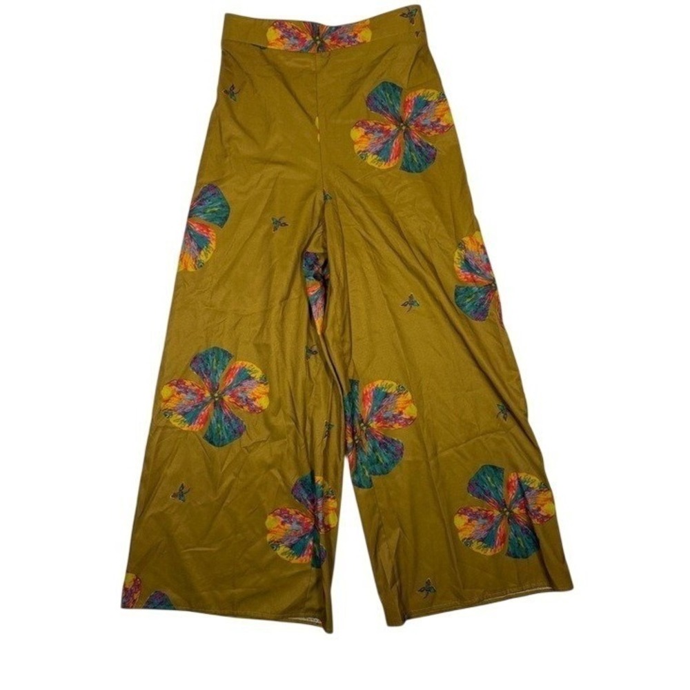 Zanzea Womens Wide Leg Floral Butterfly Print Pants Mustard Brown Boho Size M